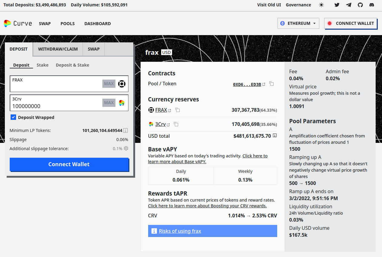 Curve metapool frontend deposit slippage estimate