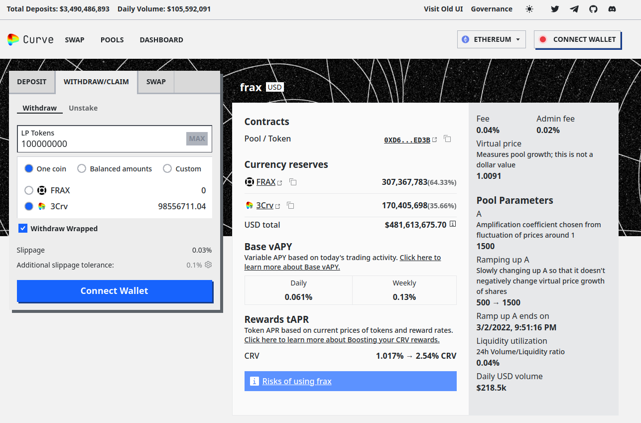 Curve metapool frontend withdrawal slippage estimate